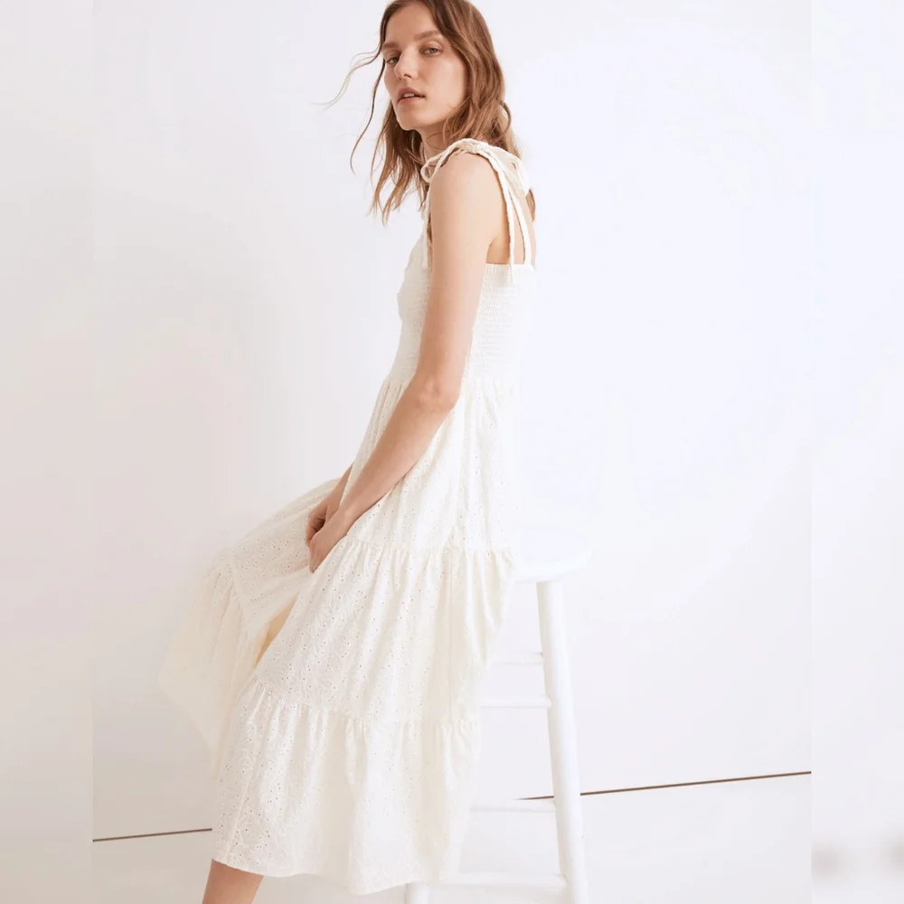 Madewell Eyelet Tie-Strap Lucie Tiered Midi Dress